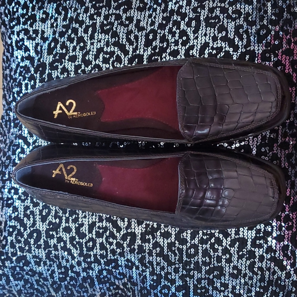 A2 By Aerosoles Women's Brown Croc-Embossed Leather Loafers